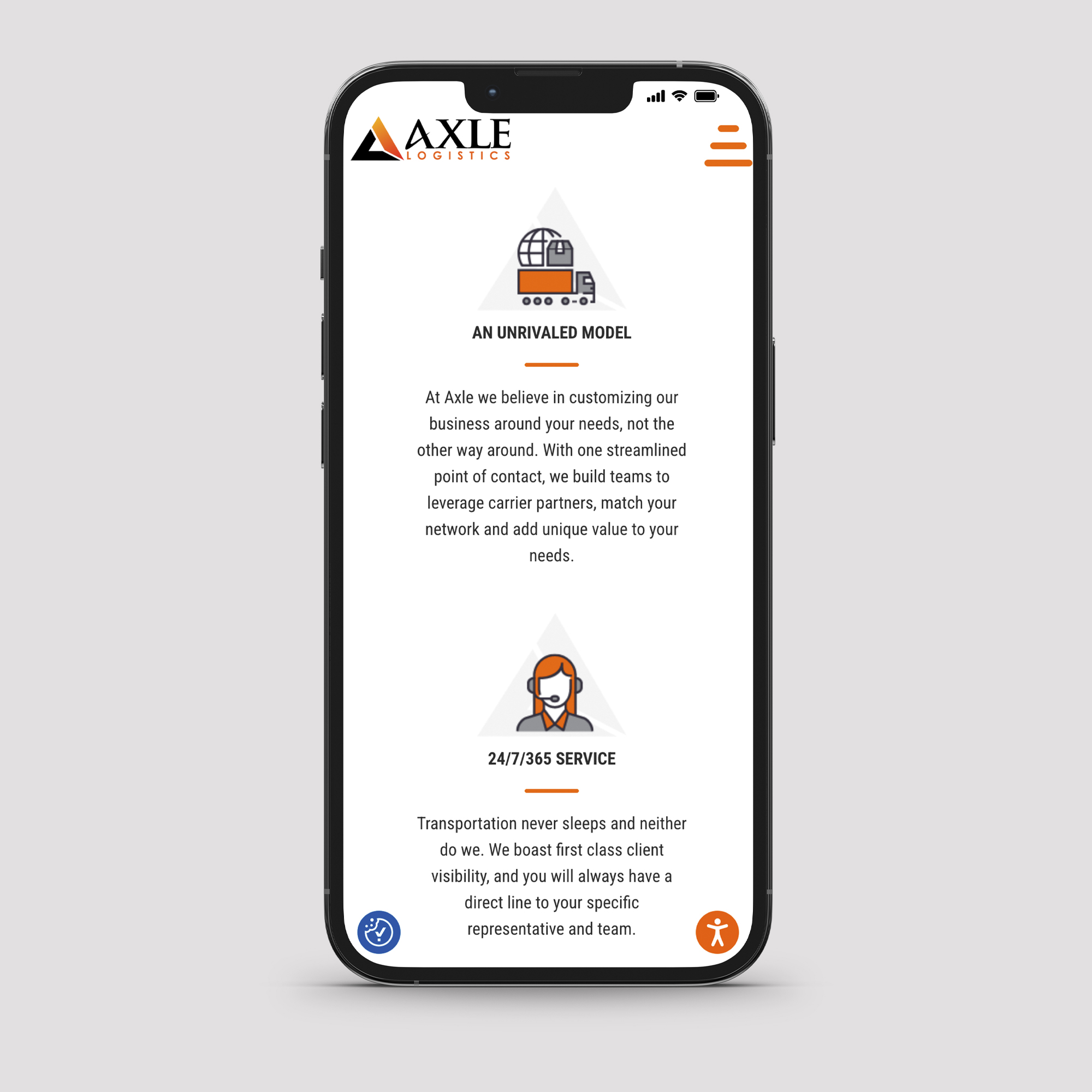Axle logistics website on a phone