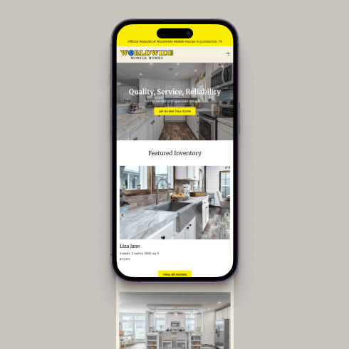 Mobile view of the WorldWide Mobile Homes PowerSlide website