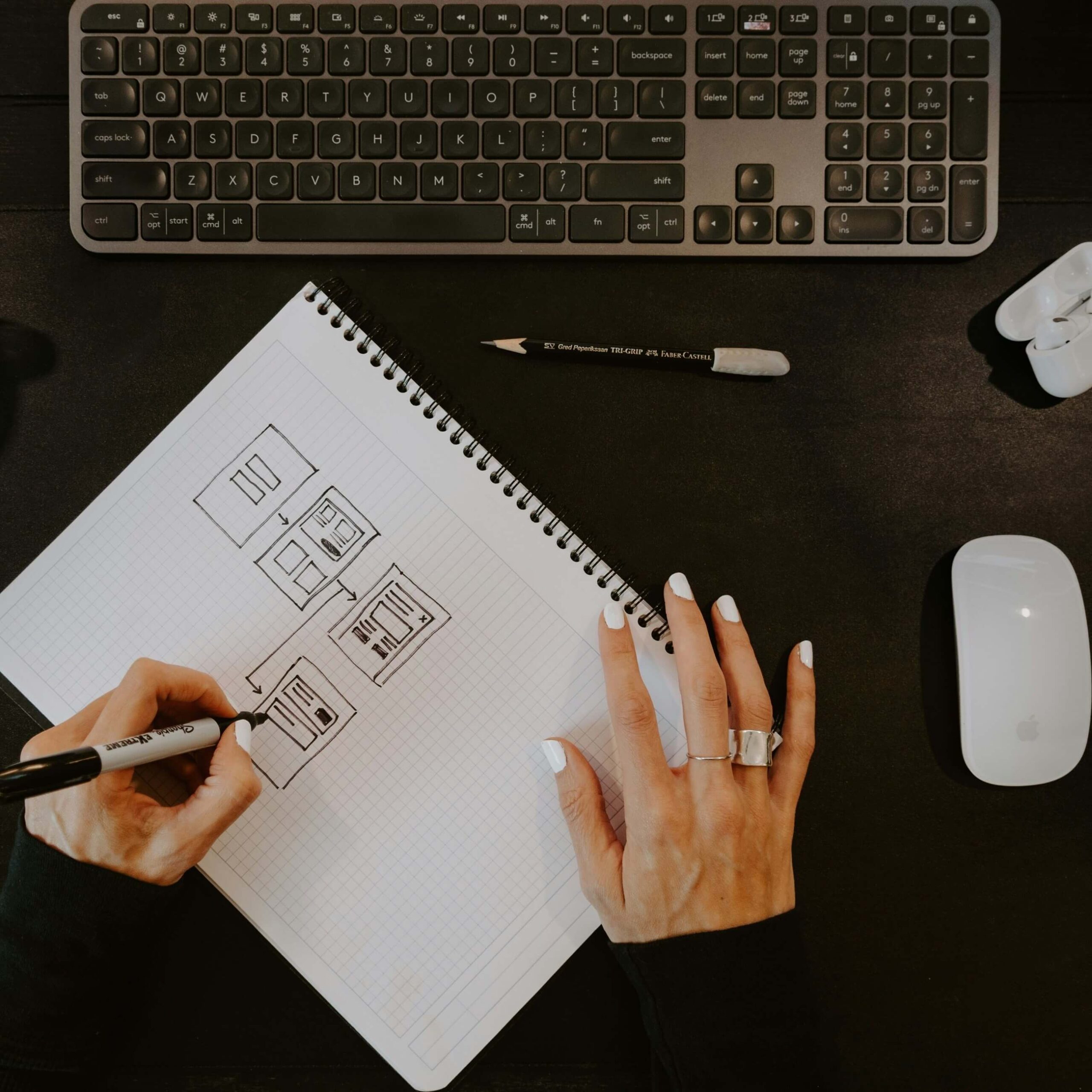 Closeup of a grid notebook with a wireframe for an app being drawn by a woman with bright white nail polish. She's using a sharpie to draw out the wireframe. There is an apple mouse, apple earpods, a pencil, and a keyboard around her notebook on her desk.