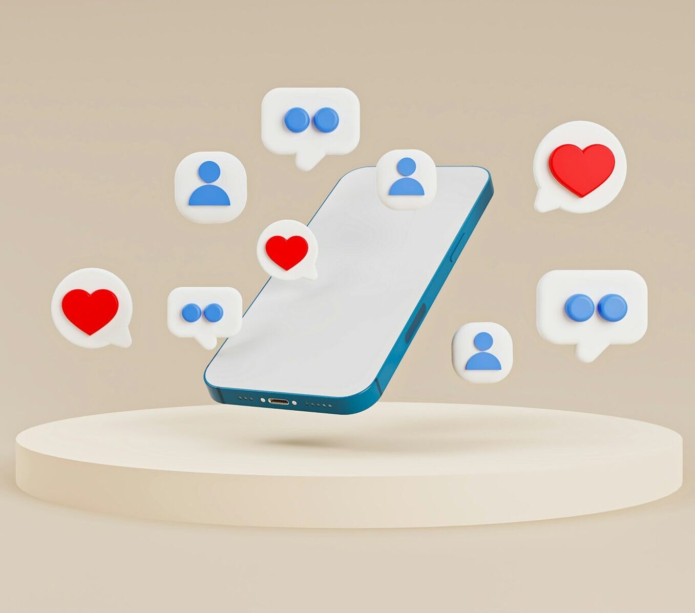 A phone with hearts, contacts, and comment icons coming out of it.